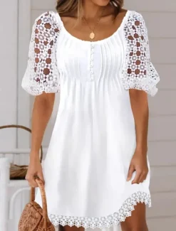 Clearance Women's Dress Mini Dress Contrast Lace Lace Vacation Date Active Fashion Crew Neck Short Sleeve Color Women White Dresses