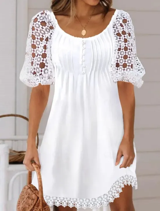 Clearance Women's Dress Mini Dress Contrast Lace Lace Vacation Date Active Fashion Crew Neck Short Sleeve Color Women White Dresses