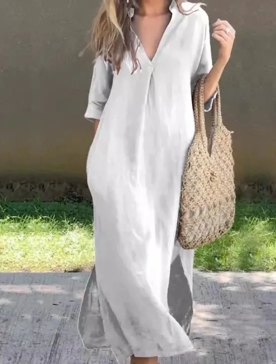 Best Women's White Dress Mini Dress Pocket Casual V Neck 3/4 Length Sleeve White Blue Khaki Color Women White Dresses