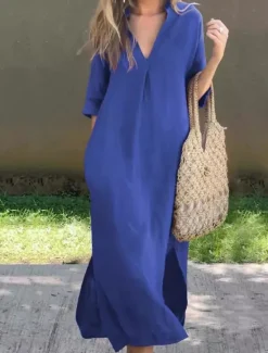 Best Women's White Dress Mini Dress Pocket Casual V Neck 3/4 Length Sleeve White Blue Khaki Color Women White Dresses
