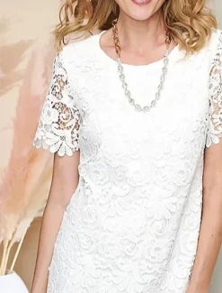 Best Women's Dress Mini Dress Lace with Sleeve Date Vacation Basic Crew Neck Short Sleeve Color Women White Dresses