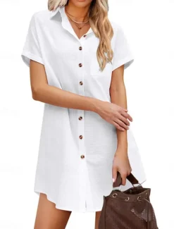 Best Women's White Dress Shirt Dress Mini Dress Date Vacation Cotton And Linen Basic Modern Shirt Collar Button Pocket Short Sleeve Summer Spring Loose Fit Plain Women White Dresses