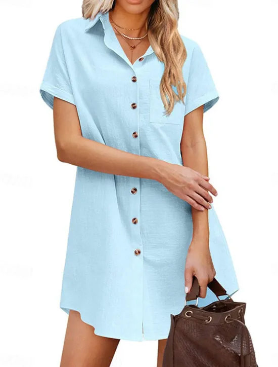 Best Women's White Dress Shirt Dress Mini Dress Date Vacation Cotton And Linen Basic Modern Shirt Collar Button Pocket Short Sleeve Summer Spring Loose Fit Plain Women White Dresses