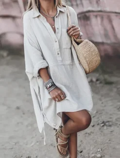 Discount Women's White Dress Shirt Dress Mini Dress Date Vacation Basic Modern Shirt Collar Button Pocket Long Sleeve Summer Spring Loose Fit Plain Women White Dresses