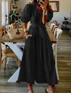 Outlet Women's White Dress Shirt Dress Maxi long Dress Office Business Date Basic Formal Shirt Collar Pocket Belted Half Sleeve Summer Spring Women Work Dresses