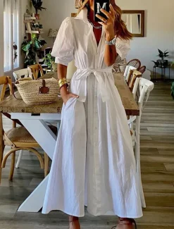 Outlet Women's White Dress Shirt Dress Maxi long Dress Office Business Date Basic Formal Shirt Collar Pocket Belted Half Sleeve Summer Spring Women Work Dresses