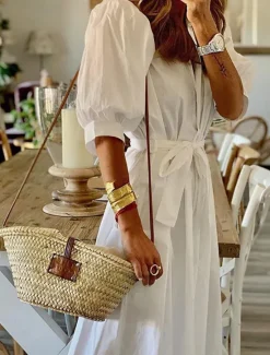 Outlet Women's White Dress Shirt Dress Maxi long Dress Office Business Date Basic Formal Shirt Collar Pocket Belted Half Sleeve Summer Spring Women Work Dresses