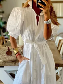 Outlet Women's White Dress Shirt Dress Maxi long Dress Office Business Date Basic Formal Shirt Collar Pocket Belted Half Sleeve Summer Spring Women Work Dresses