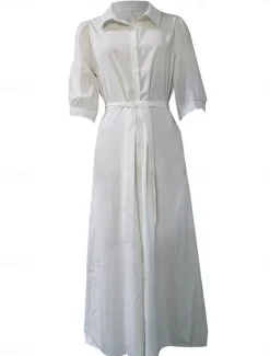 Outlet Women's White Dress Shirt Dress Maxi long Dress Office Business Date Basic Formal Shirt Collar Pocket Belted Half Sleeve Summer Spring Women Work Dresses
