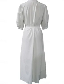 Outlet Women's White Dress Shirt Dress Maxi long Dress Office Business Date Basic Formal Shirt Collar Pocket Belted Half Sleeve Summer Spring Women Work Dresses