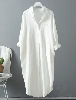 Hot Women's White Dress Shirt Dress Cotton Linen Dress Midi Dress Office Vacation Linen Basic Casual Shirt Collar Button Long Sleeve Summer Spring Loose Fit Plain Women Dresses|White Dresses
