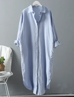 Hot Women's White Dress Shirt Dress Cotton Linen Dress Midi Dress Office Vacation Linen Basic Casual Shirt Collar Button Long Sleeve Summer Spring Loose Fit Plain Women Dresses|White Dresses