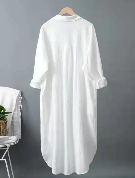 Hot Women's White Dress Shirt Dress Cotton Linen Dress Midi Dress Office Vacation Linen Basic Casual Shirt Collar Button Long Sleeve Summer Spring Loose Fit Plain Women Dresses|White Dresses