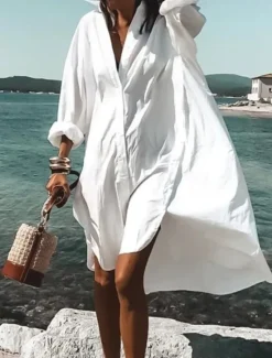 Clearance Women's White Dress Shirt Dress Midi Dress Date Vacation Beach Casual Shirt Collar Button Print Long Sleeve Summer Spring Loose Fit Floral Women White Dresses