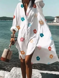 Clearance Women's White Dress Shirt Dress Midi Dress Date Vacation Beach Casual Shirt Collar Button Print Long Sleeve Summer Spring Loose Fit Floral Women White Dresses
