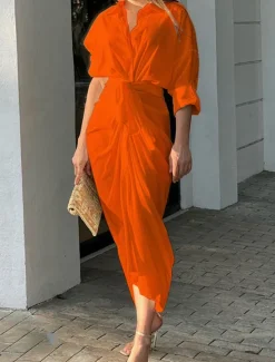 Hot Women's White Dress Shirt Dress Casual Dress Maxi long Dress Date Vacation Basic Modern Shirt Collar Ruched 3/4 Length Sleeve Summer Spring Loose Fit Plain Women White Dresses