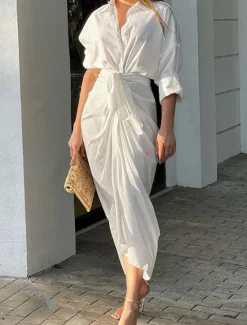 Hot Women's White Dress Shirt Dress Casual Dress Maxi long Dress Date Vacation Basic Modern Shirt Collar Ruched 3/4 Length Sleeve Summer Spring Loose Fit Plain Women White Dresses