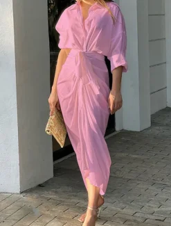 Hot Women's White Dress Shirt Dress Casual Dress Maxi long Dress Date Vacation Basic Modern Shirt Collar Ruched 3/4 Length Sleeve Summer Spring Loose Fit Plain Women White Dresses