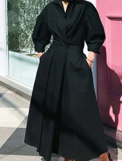 Women's White Dress Shirt Dress Cotton Linen Dress Maxi long Dress Date Vacation Polyester Basic Shirt Collar Button Pocket Long Sleeve Summer Spring Regular Fit Plain Women White Dresses