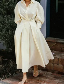 Women's White Dress Shirt Dress Cotton Linen Dress Maxi long Dress Date Vacation Polyester Basic Shirt Collar Button Pocket Long Sleeve Summer Spring Regular Fit Plain Women White Dresses