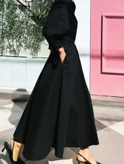 Women's White Dress Shirt Dress Cotton Linen Dress Maxi long Dress Date Vacation Polyester Basic Shirt Collar Button Pocket Long Sleeve Summer Spring Regular Fit Plain Women White Dresses