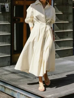 Women's White Dress Shirt Dress Cotton Linen Dress Maxi long Dress Date Vacation Polyester Basic Shirt Collar Button Pocket Long Sleeve Summer Spring Regular Fit Plain Women White Dresses