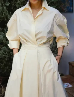 Women's White Dress Shirt Dress Cotton Linen Dress Maxi long Dress Date Vacation Polyester Basic Shirt Collar Button Pocket Long Sleeve Summer Spring Regular Fit Plain Women White Dresses