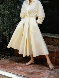 Women's White Dress Shirt Dress Cotton Linen Dress Maxi long Dress Date Vacation Polyester Basic Shirt Collar Button Pocket Long Sleeve Summer Spring Regular Fit Plain Women White Dresses
