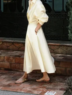 Women's White Dress Shirt Dress Cotton Linen Dress Maxi long Dress Date Vacation Polyester Basic Shirt Collar Button Pocket Long Sleeve Summer Spring Regular Fit Plain Women White Dresses
