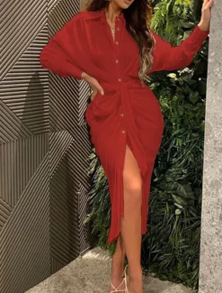 Outlet Women's White Dress Shirt Dress Bodycon Maxi long Dress Cocktail Party Sexy Formal Shirt Collar Button Long Sleeve Summer Spring Slim Plain Women Work Dresses