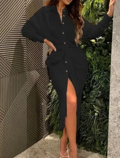 Outlet Women's White Dress Shirt Dress Bodycon Maxi long Dress Cocktail Party Sexy Formal Shirt Collar Button Long Sleeve Summer Spring Slim Plain Women Work Dresses