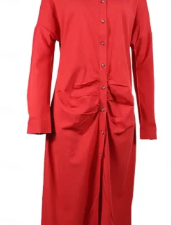 Outlet Women's White Dress Shirt Dress Bodycon Maxi long Dress Cocktail Party Sexy Formal Shirt Collar Button Long Sleeve Summer Spring Slim Plain Women Work Dresses