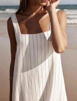 Women's Dress Sundress Stripe Backless Strap Maxi Dress Casual Daily Vacation Short Sleeve Summer Women White Dresses
