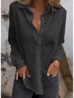 Women's White Elegant Lace Tops Eyelet Blouse Plain Button Cut Out Street Daily Fashion Shirt Collar Regular Fit Romantic Petite Tops Summer Holiday Wear Black White Red Women Lace Tops