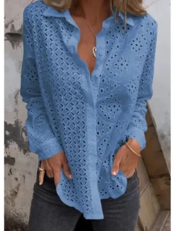 Women's White Elegant Lace Tops Eyelet Blouse Plain Button Cut Out Street Daily Fashion Shirt Collar Regular Fit Romantic Petite Tops Summer Holiday Wear Black White Red Women Lace Tops