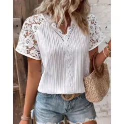 Best Women's Elegant Lace Tops Eyelet Blouse Daily Stylish Plain Regular Tops Short Sleeve V Neck Lace Regular Fit Vacation Daily Romantic Petite Tops Summer Holiday Wear Summer Spring Fall Women Lace Tops