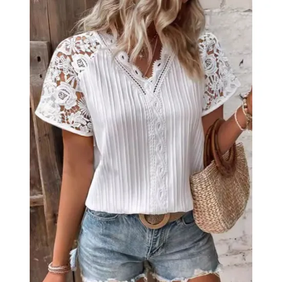 Best Women's Elegant Lace Tops Eyelet Blouse Daily Stylish Plain Regular Tops Short Sleeve V Neck Lace Regular Fit Vacation Daily Romantic Petite Tops Summer Holiday Wear Summer Spring Fall Women Lace Tops