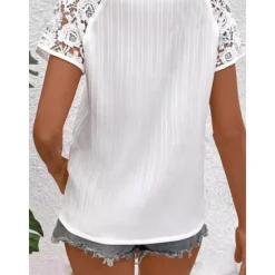 Best Women's Elegant Lace Tops Eyelet Blouse Daily Stylish Plain Regular Tops Short Sleeve V Neck Lace Regular Fit Vacation Daily Romantic Petite Tops Summer Holiday Wear Summer Spring Fall Women Lace Tops