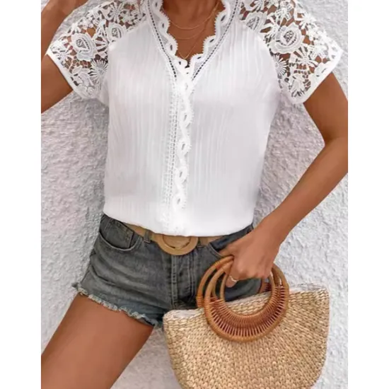 Best Women's Elegant Lace Tops Eyelet Blouse Daily Stylish Plain Regular Tops Short Sleeve V Neck Lace Regular Fit Vacation Daily Romantic Petite Tops Summer Holiday Wear Summer Spring Fall Women Lace Tops