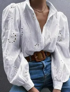 Outlet Women's White Elegant Lace Tops Eyelet Blouse Casual Solid Color Lace Lantern Sleeve Long Sleeve Regular Tops Shirt Collar Daily Romantic Petite Tops Summer Holiday Wear White Pink Green Spring Fall Women Lace Tops