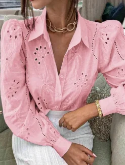 Outlet Women's White Elegant Lace Tops Eyelet Blouse Casual Solid Color Lace Lantern Sleeve Long Sleeve Regular Tops Shirt Collar Daily Romantic Petite Tops Summer Holiday Wear White Pink Green Spring Fall Women Lace Tops