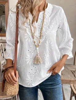 Discount Women's Elegant Lace Tops Eyelet Blouse Casual Solid Color Regular Tops Long Sleeve Notched Neck Eyelet Regular Fit Daily Romantic Petite Tops Summer Holiday Wear Women Lace Tops