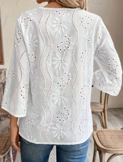 Discount Women's Elegant Lace Tops Eyelet Blouse Casual Solid Color Regular Tops Long Sleeve Notched Neck Eyelet Regular Fit Daily Romantic Petite Tops Summer Holiday Wear Women Lace Tops
