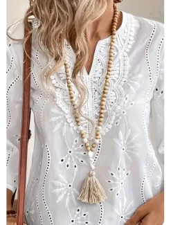 Discount Women's Elegant Lace Tops Eyelet Blouse Casual Solid Color Regular Tops Long Sleeve Notched Neck Eyelet Regular Fit Daily Romantic Petite Tops Summer Holiday Wear Women Lace Tops