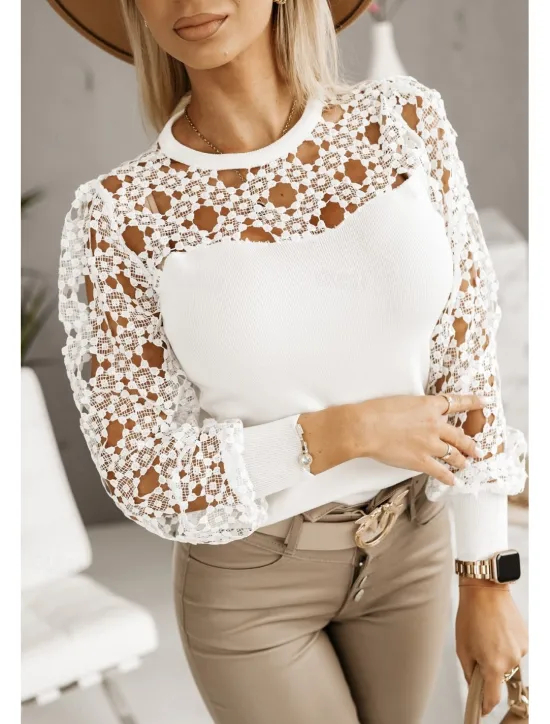 Women's White Elegant Lace Tops Eyelet Blouse Stylish Modern Hollow Out Long Sleeve Regular Tops Crew Neck Work Daily Romantic Petite Tops Summer Holiday Wear Black White Spring Fall Women Lace Tops