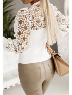 Women's White Elegant Lace Tops Eyelet Blouse Stylish Modern Hollow Out Long Sleeve Regular Tops Crew Neck Work Daily Romantic Petite Tops Summer Holiday Wear Black White Spring Fall Women Lace Tops