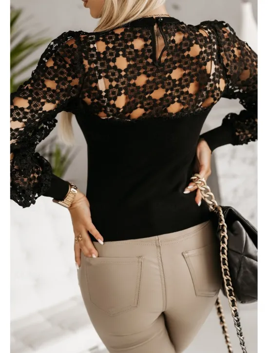 Women's White Elegant Lace Tops Eyelet Blouse Stylish Modern Hollow Out Long Sleeve Regular Tops Crew Neck Work Daily Romantic Petite Tops Summer Holiday Wear Black White Spring Fall Women Lace Tops