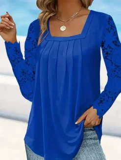 Hot Women's White Elegant Lace Tops Eyelet Blouse Casual Solid Color Lace Long Sleeve Regular Tops Square Neck Daily Romantic Petite Tops Summer Holiday Wear White Pink Blue Spring Fall Women Lace Tops