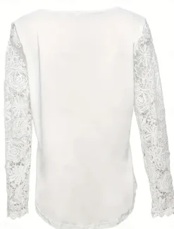 Hot Women's White Elegant Lace Tops Eyelet Blouse Casual Solid Color Lace Long Sleeve Regular Tops Square Neck Daily Romantic Petite Tops Summer Holiday Wear White Pink Blue Spring Fall Women Lace Tops