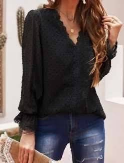 Clearance Women's White Elegant Lace Tops Eyelet Blouse Stylish Modern Lace Long Sleeve V Neck Daily Romantic Petite Tops Summer Holiday Wear Black White Pink Spring Fall Women Lace Tops